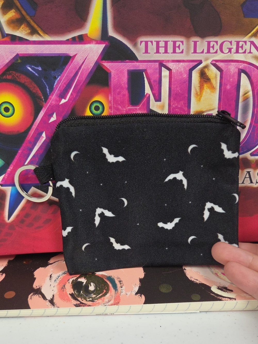 Black Bat Print Coin Pouch with Keyring